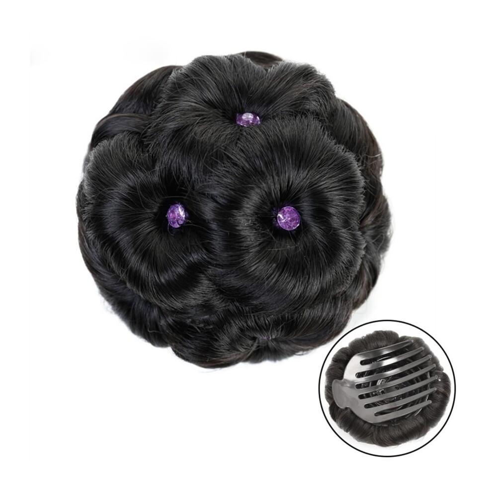 Unisex Black Synthetic Bun Hair Piece With Rhinestones, Braided Clipon Ponytail Bun Hair Extension Natural