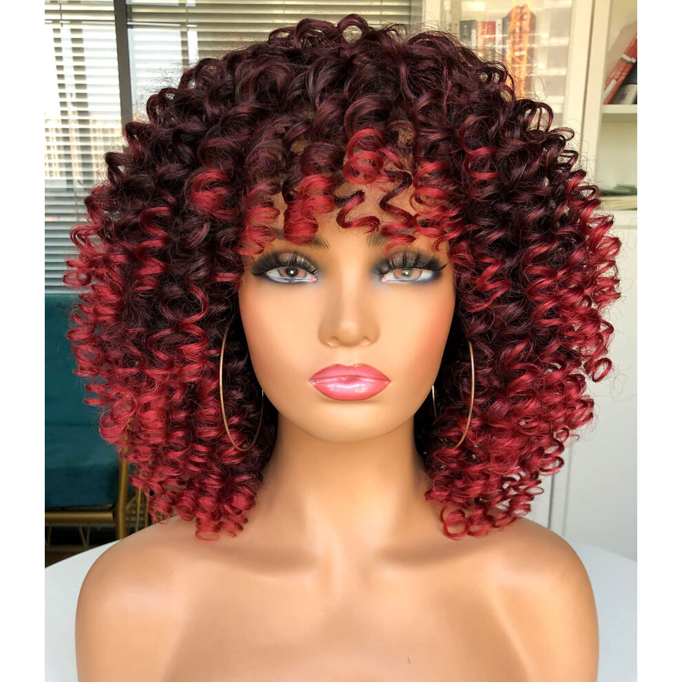 Unisex Black,Red Ombre Red Afro Wig For Black Women Long Curly Wig With Bangs Heat Resistant Synthetic Fiber