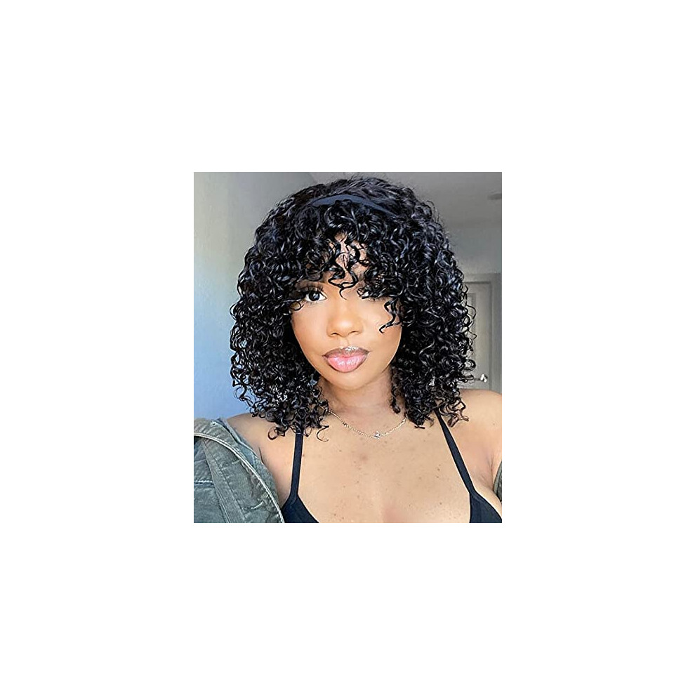 Unisex Black 12' Short Curly Human Hair Wig With Bangs, Brazilian Bob Wig For Women, Glueless Natural Look