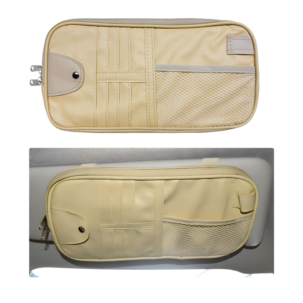 Pu Leather Car Sun Visor Organizer With Multipocket Storage And Glasses Holder For Car Suv Truck Beige 9455672786799