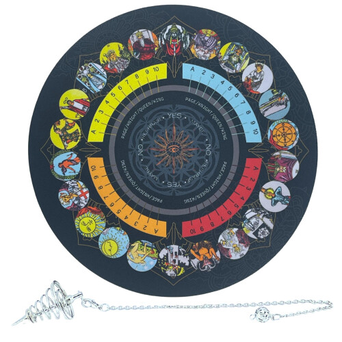 Pendulum Dowsing Mat Set with Silver Spiral Pendulum for Cardless Tarot Divination Layout