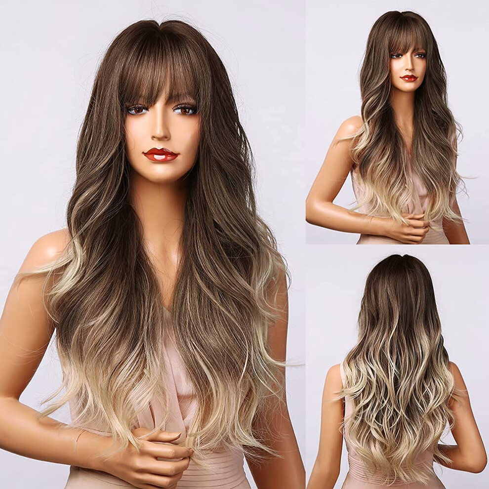 Unisex Brown Blonde Wig With Bangs 26 Inch Long Wavy Synthetic Heat Resistant Ombre To Ash Blonde