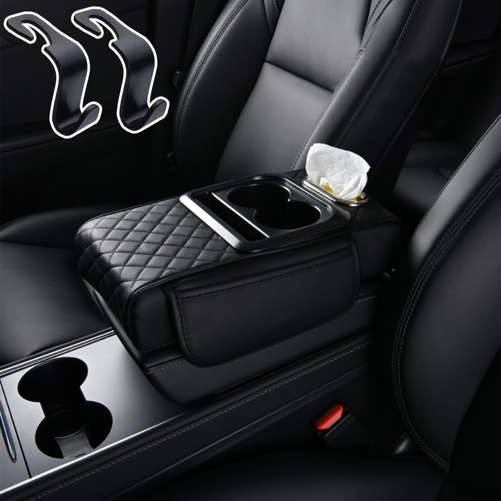 Pu Leather Car Armrest Cushion With Storage And Cup Holder, Ergonomic Memory Foam Pad, Black 9455672787826