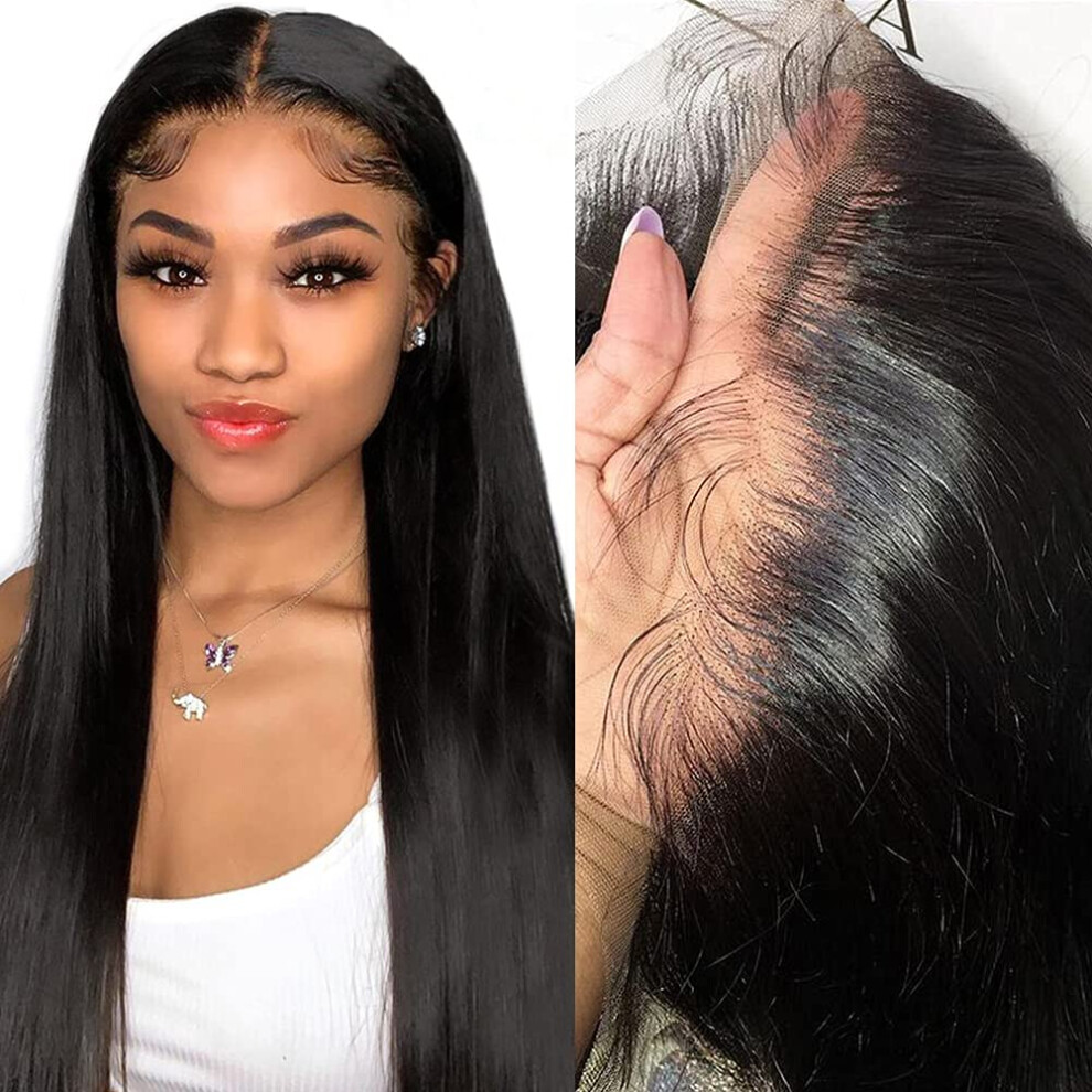 Unisex Black Glueless 13X6 Transparent Lace Front Wig Brazilian Virgin Human Hair Preplucked Straight 16 Inch 150% Density