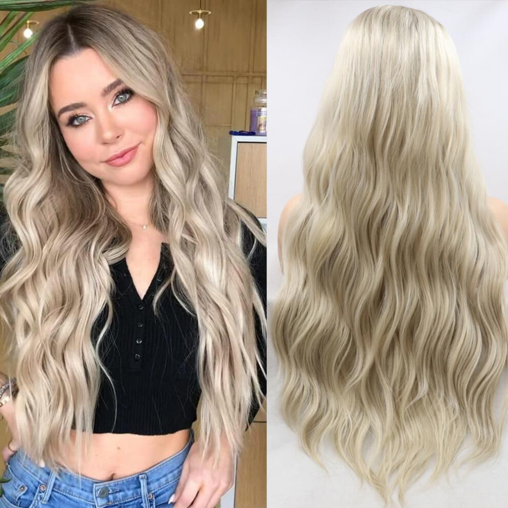 Unisex Long Ombre Blonde Curly Lace Front Wig 22 Inch Heat Resistant Synthetic Fiber With Natural Hairline