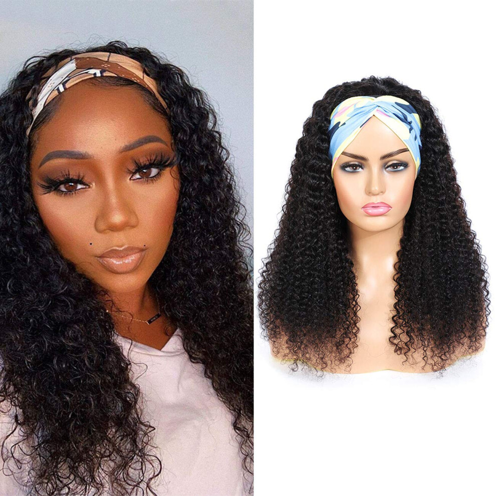 Human Hair Headband Wig Natural Black Glueless Curly Wave for Black Women 16 Inch 180% Density