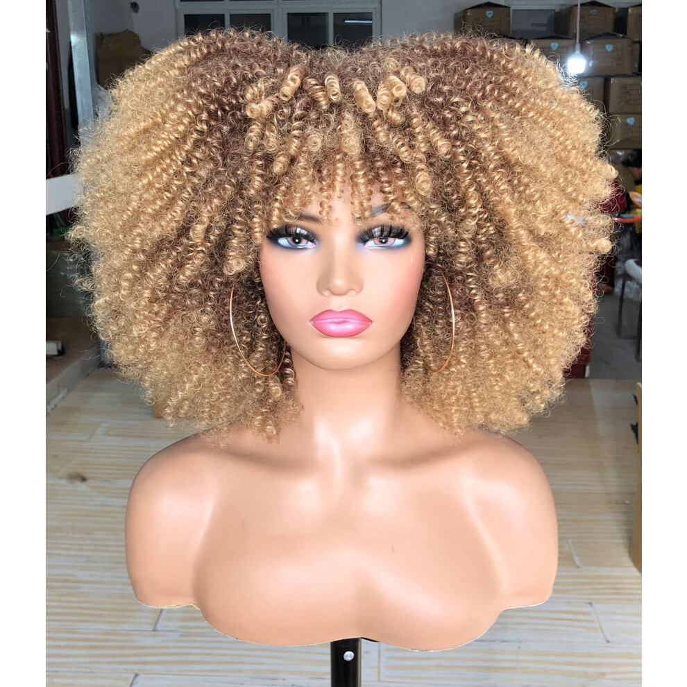 Unisex Black Afro Wig With Bangs Synthetic Kinky Curly Short Ombre To Blond For Women