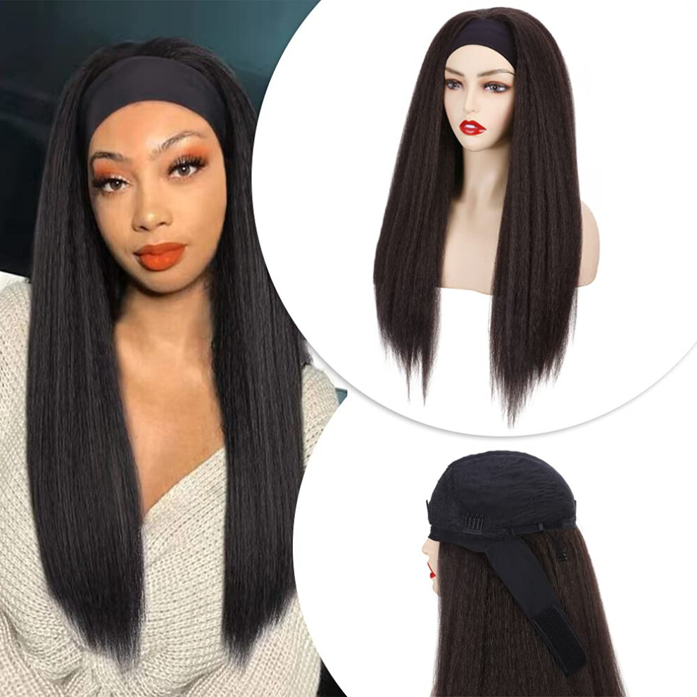 24 Inch Afro Kinky Straight Headband Wig for Black Women, Heat Resistant Glueless Synthetic Hair