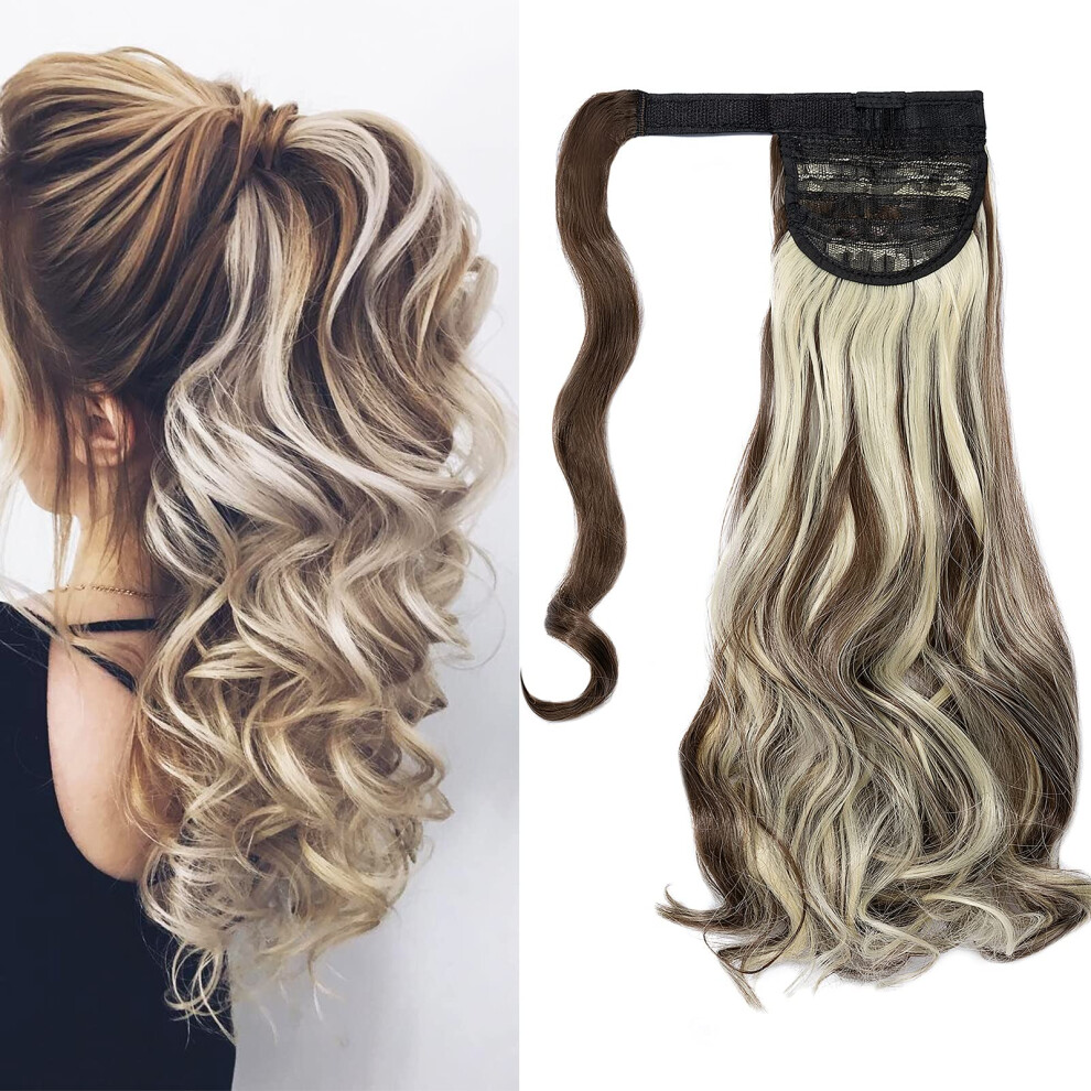 Unisex Brown Ponytail Hair Extensions Long Curly Wrap Around 20 Inch Synthetic Wavy Hairpiece Chestnut Mix Blonde