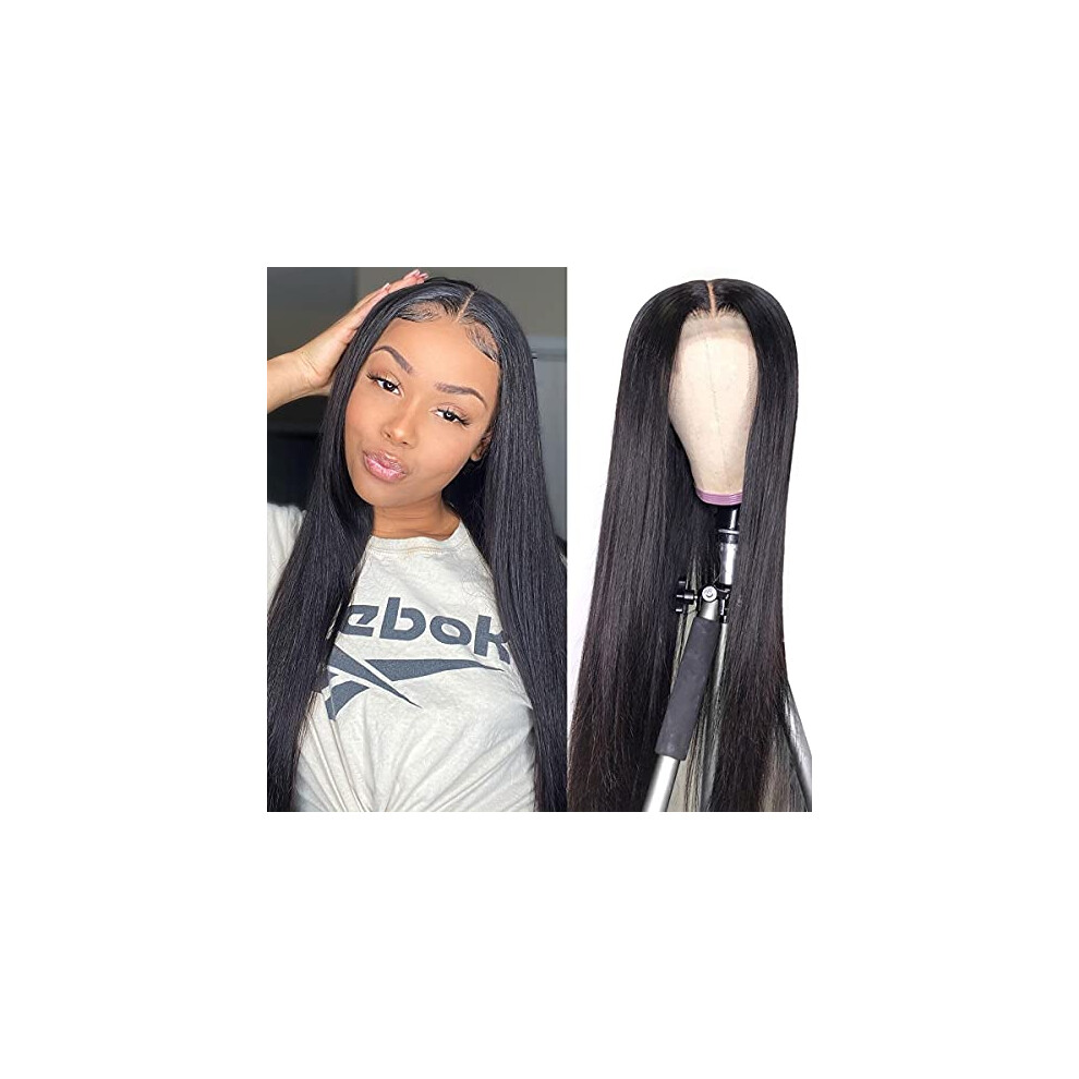 Unisex Black 26 Inch 4X4 Lace Front Wigs Human Hair Pre Plucked Hd Brazilian Straight Glueless Wig For Women