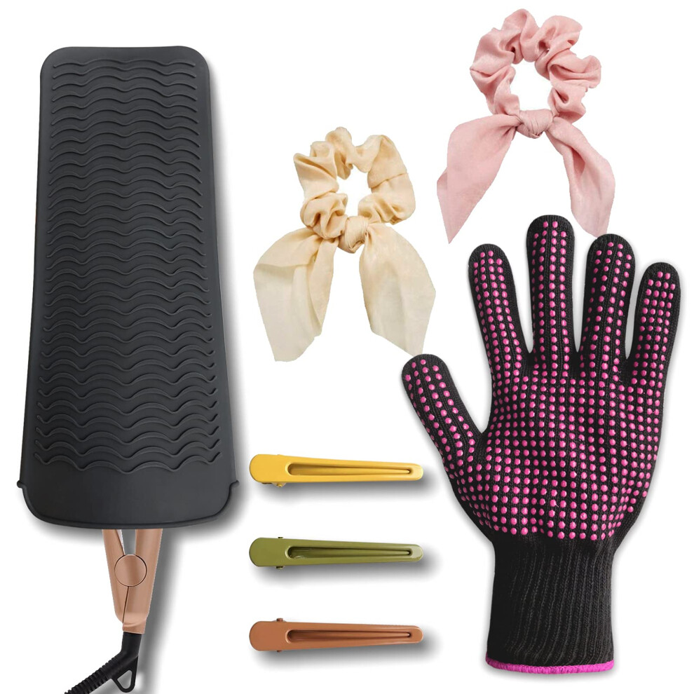 Heat Resistant Silicone Mat Pouch for Hair Straightener and Curling Iron with Clips and Scrunchies