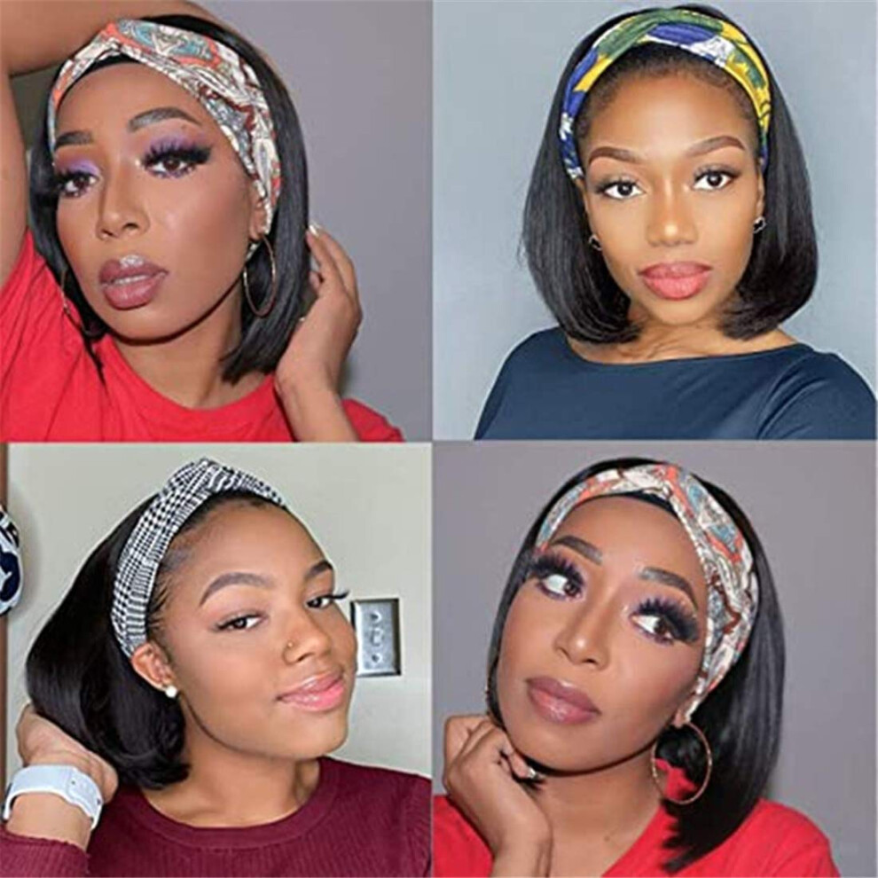 10 Inch Straight Bob Headband Wig for Women Black Synthetic Hair with Elastic Band