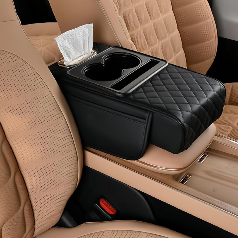 Car Armrest Organizer Pu Leather Cushion With Cup Holder And Extra Storage Pockets For Cars 9053599117087