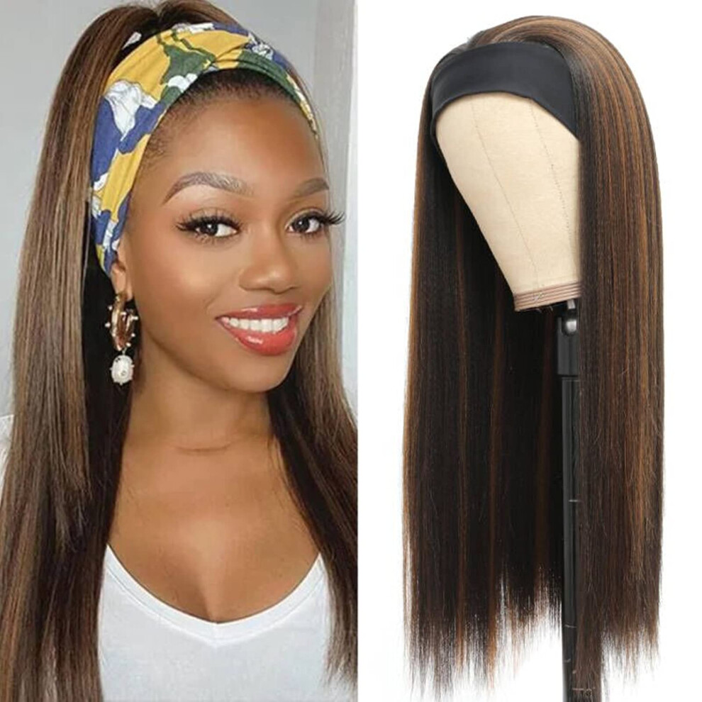 Unisex Black Headband Wig Ombre Kinky Straight 20 Inch Synthetic Glueless For Women 1B/30 Color