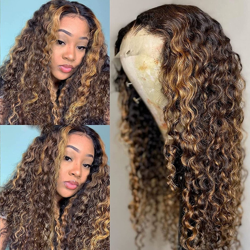 Unisex Curly Lace Front Wig Human Hair 16 Inch Water Wave With Blonde Highlights Pre Plucked Bleached Knots