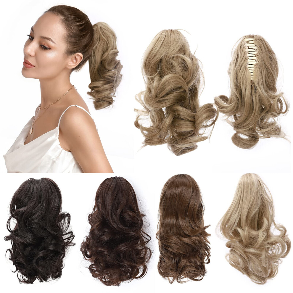 Unisex Ponytail Hair Extension With Claw Clip, 12' Synthetic Wavy Ash Blonde Hairpiece For Instant Volume