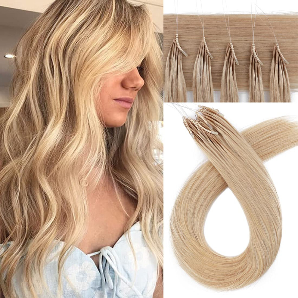 Unisex Human Hair Extensions Micro Loop Nano Ring 16 Inch Natural Blonde Remy 50 Strands