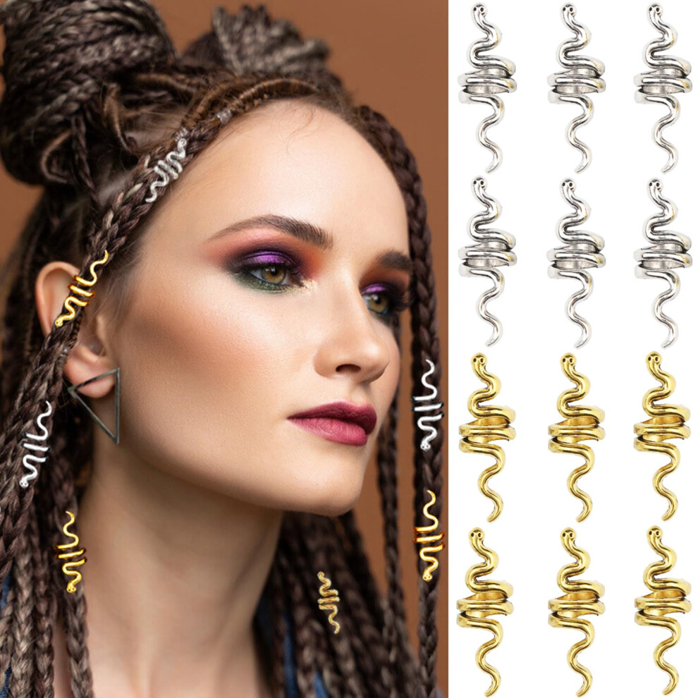 Unisex Silver,Gold 12Pcs Gold And Silver Snake Hair Braid Jewelry Spiral Dreadlock Accessories For Braids And Beards