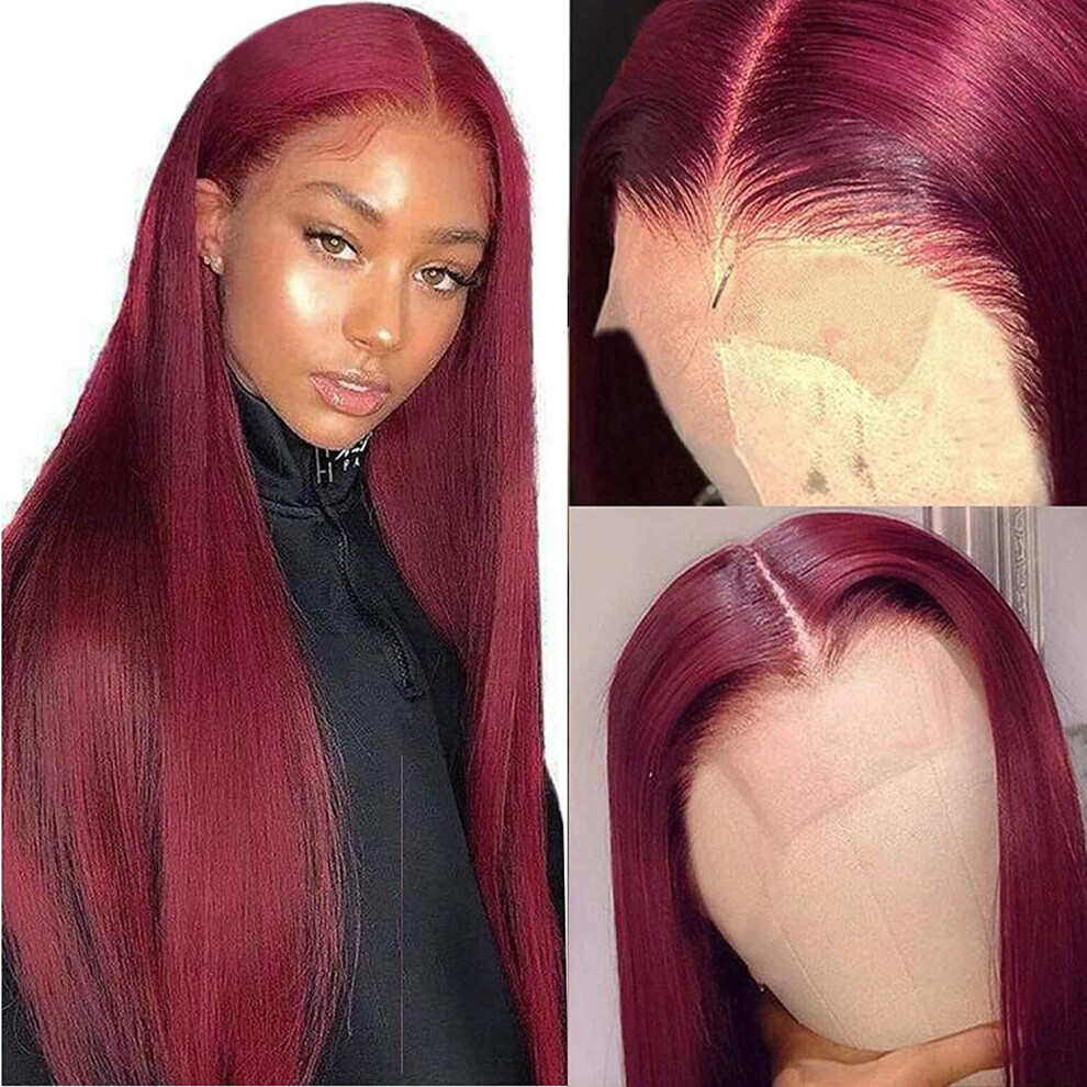 Unisex Red 99J Burgundy 13X4 Lace Front Wig Human Hair Pre Plucked Brazilian Straight Wig For Women 18Inch