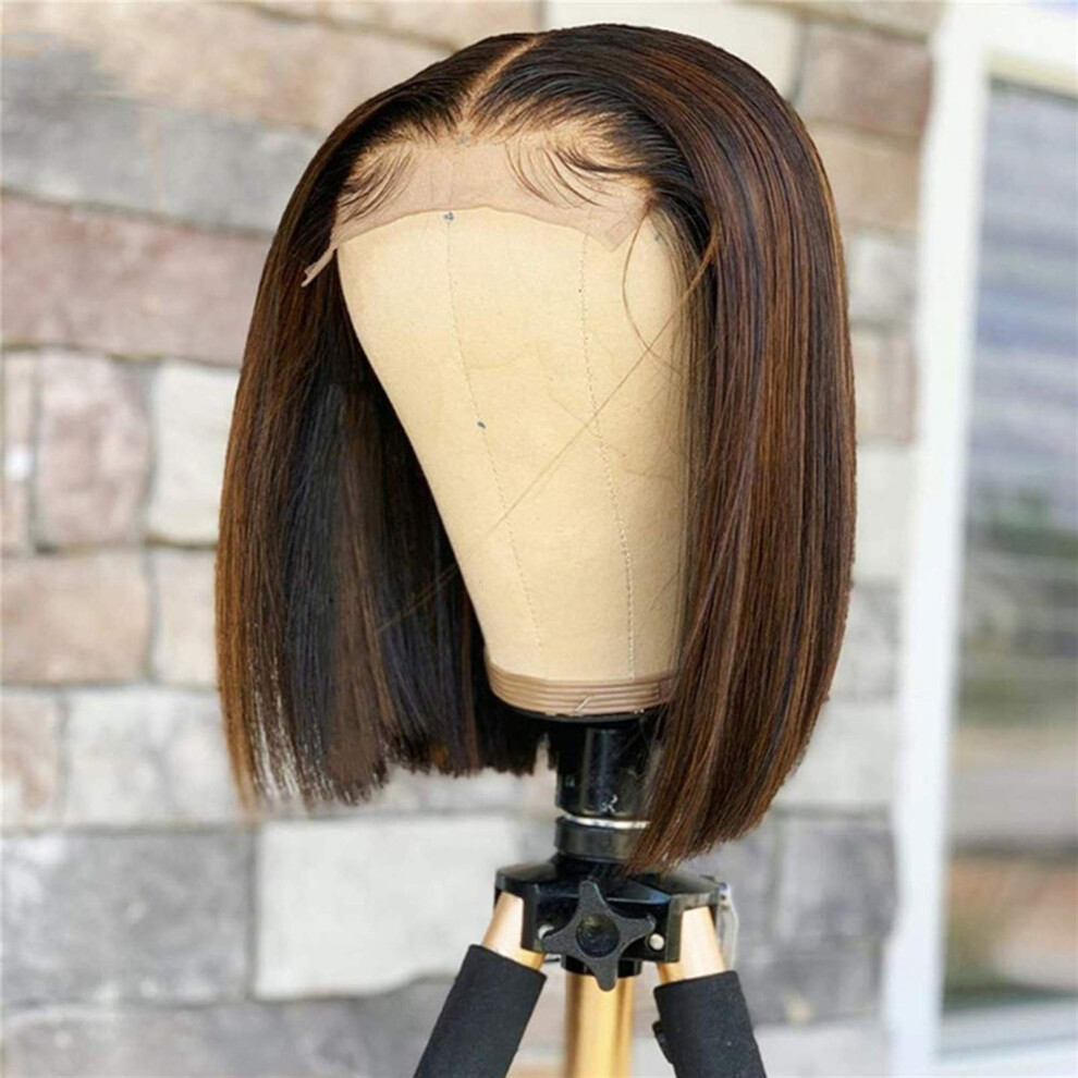 Unisex Human Hair Lace Front Bob Wig 13X4 Pre Plucked Bleached Knots Colored Straight 150% Density 14 Inch
