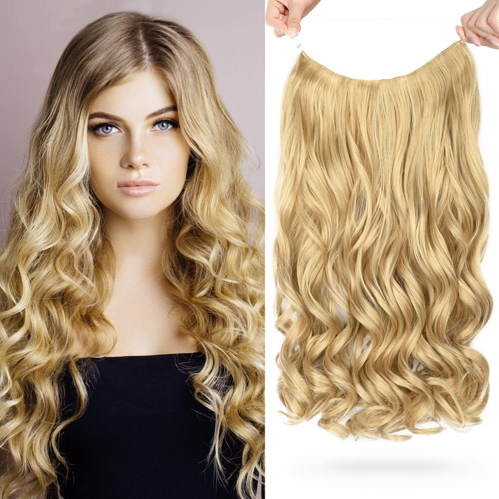 Unisex 20 Inch Wavy Hair Extensions With Adjustable Invisible Wire And Clips, Medium Blonde Hairpiece For Women