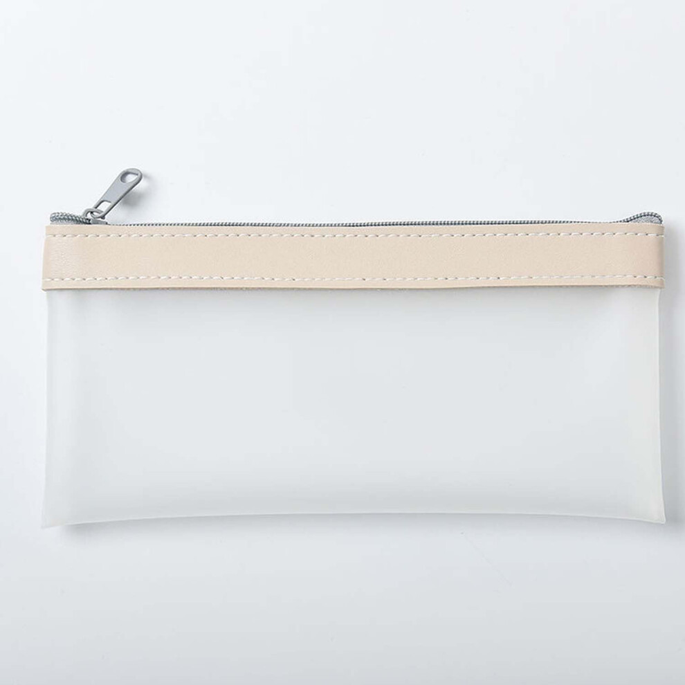 Beige Tpu Leather Pencil Case With Smooth Zipper, Small Makeup Pouch For Multiuse Storage