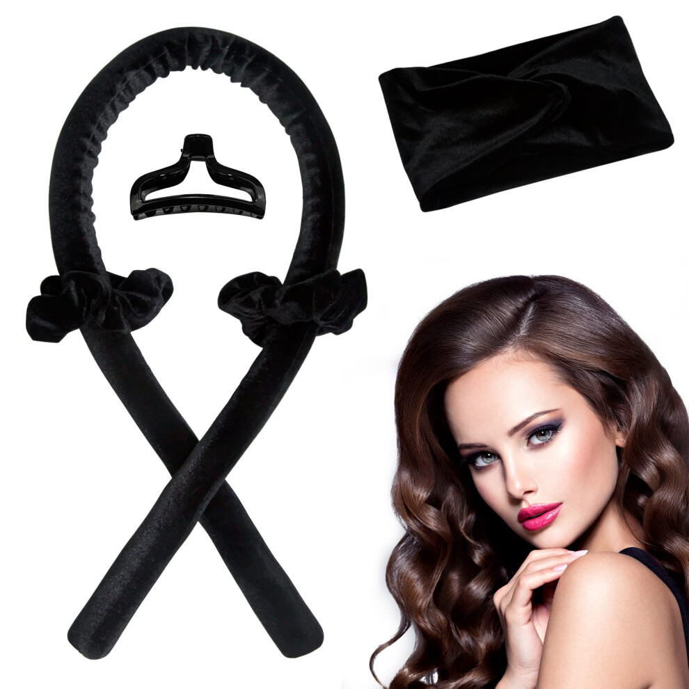 Heatless Hair Curlers for Long Hair Velvet No Heat Curling Rod Headband Overnight Styling Black