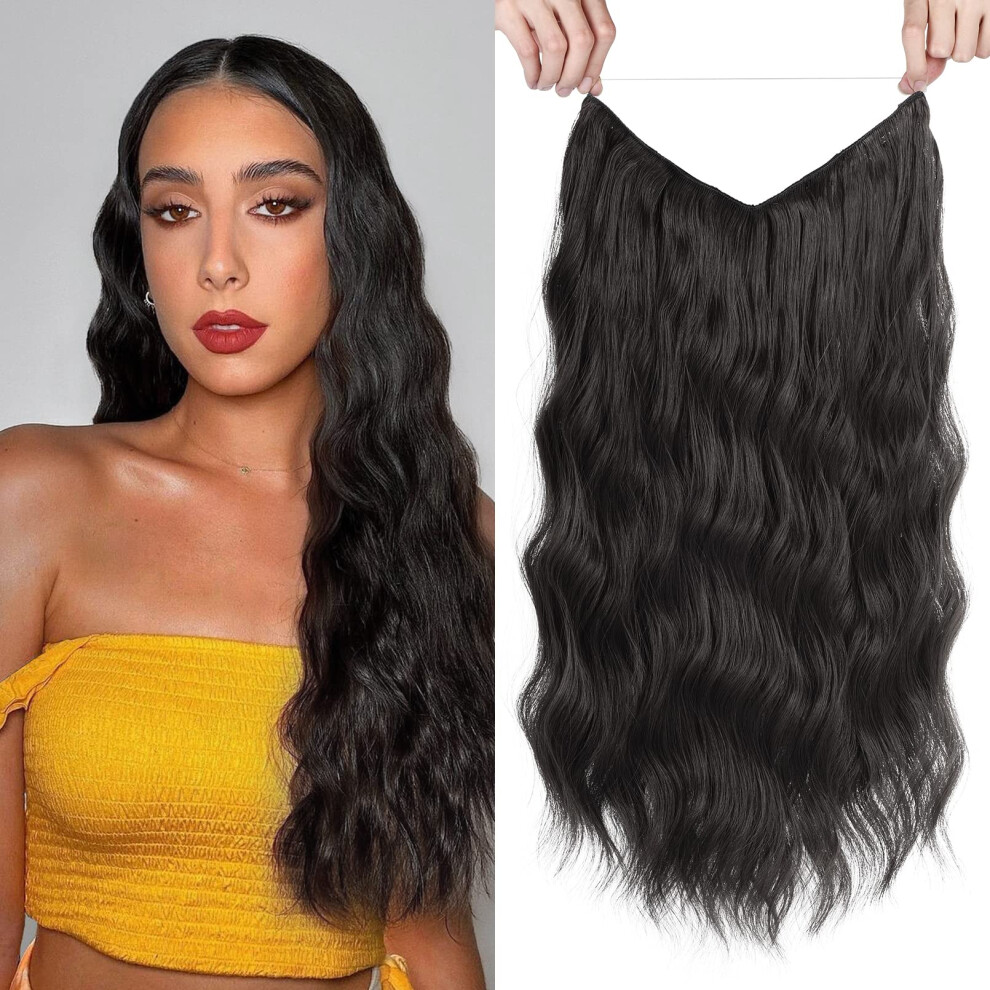 Unisex Halo Hair Extensions For Women 20 Inch Invisible Wire Wavy Hairpiece Seamless Natural Blend