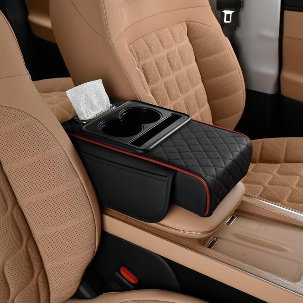 Car Armrest Organizer With Cup Holder, Pu Leather 5In1 Cushion Storage Box For Center Console (Blackish ) Red 9053599119807