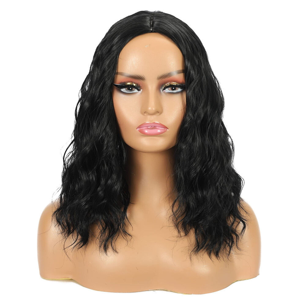 Unisex Black 14 Inch Wavy Bob Wig For Women Synthetic Shoulder Length Middle Part Loose Waves
