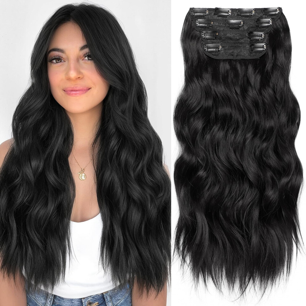 Unisex Black Clip In Hair Extensions 20 Inch Long Wavy Double Weft Synthetic Hairpieces For Women