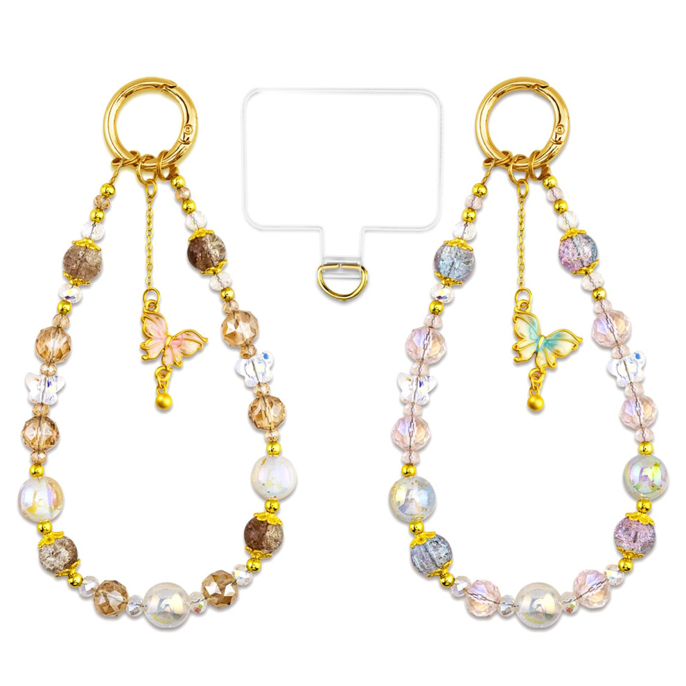 2Pcs Cute Beaded Phone Charm Strap With Butterfly And Crystal, Wrist Strap Gift For Women And Friends 9053599119975