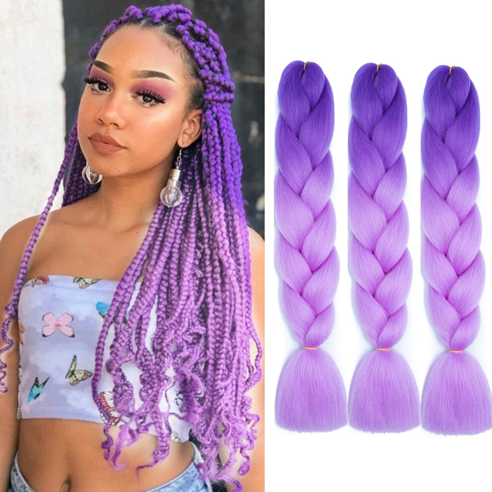 Ombre Purple Braiding Hair Extensions Heat Resistant Tangle  Synthetic Fiber 3 Packs