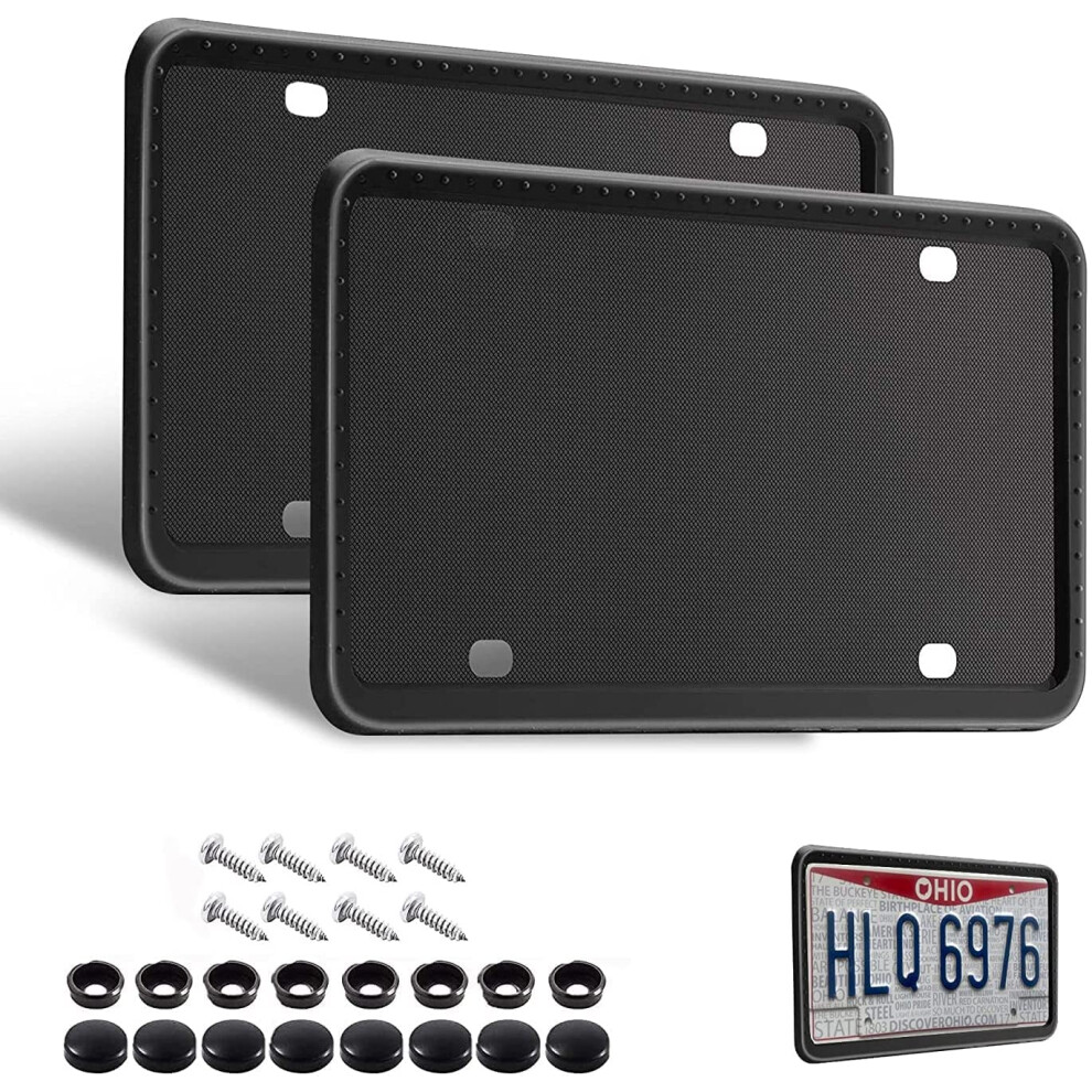 Silicone License Plate Frame Set Of 2, Rustproof Weatherproof Holder For Universal Vehicles Black 9113335718777