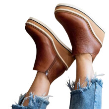 (39,Brown)Women's Premium Solid Colors Wedge Ankle Boots Round Toe Footwear Wedges Casual Shoes Fashionable