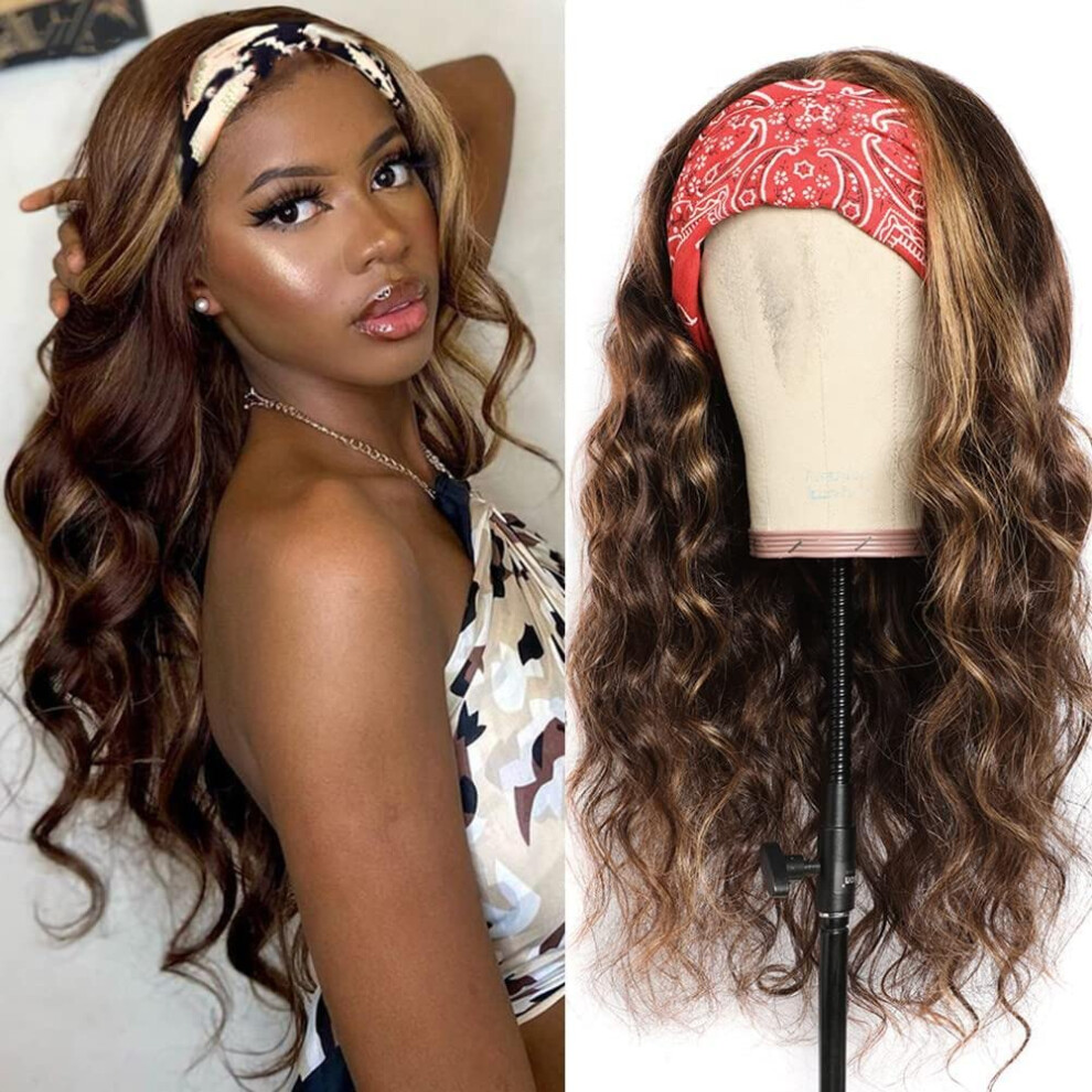 Brazilian Ombre Body Wave Human Hair Headband Wig Honey Blonde Highlight Pre Plucked 12 Inch 150% Density