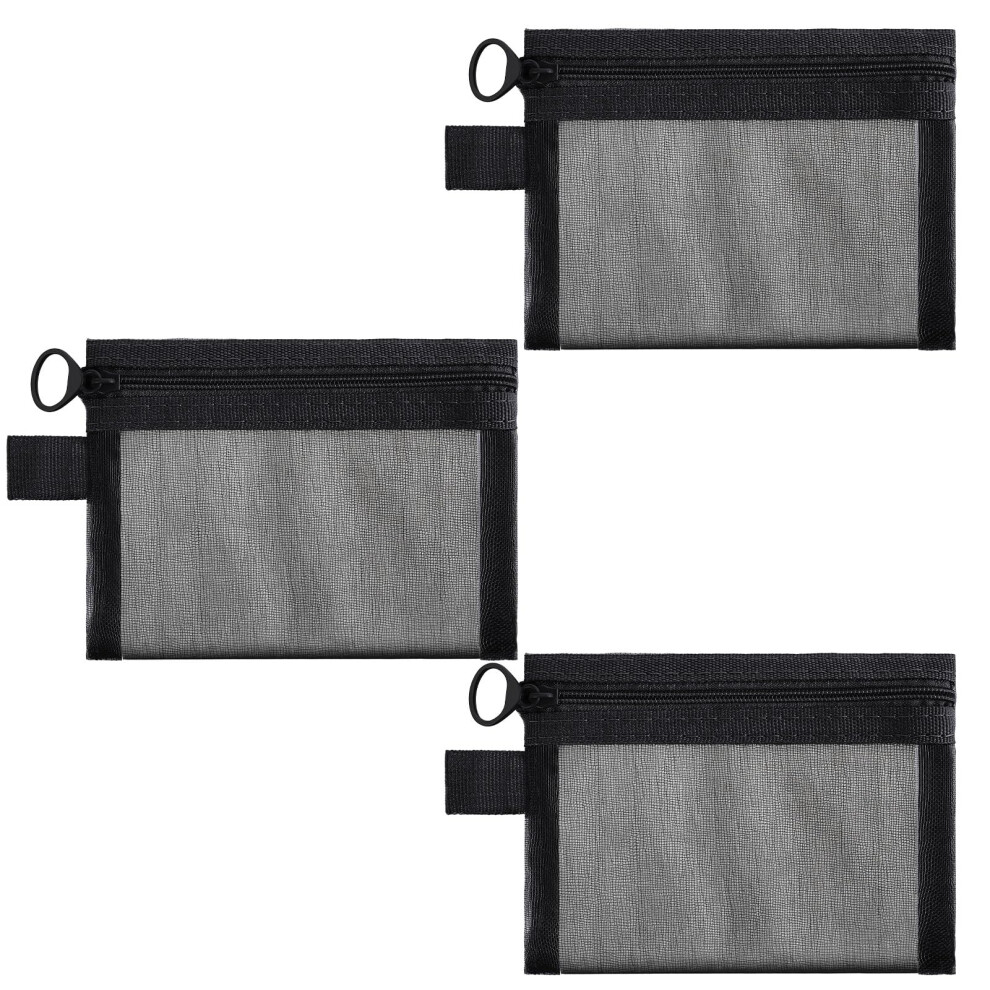 3PCS Small Nylon Zipper Makeup Bag with Breathable Mesh, Mini Travel Toiletry Organizer Black