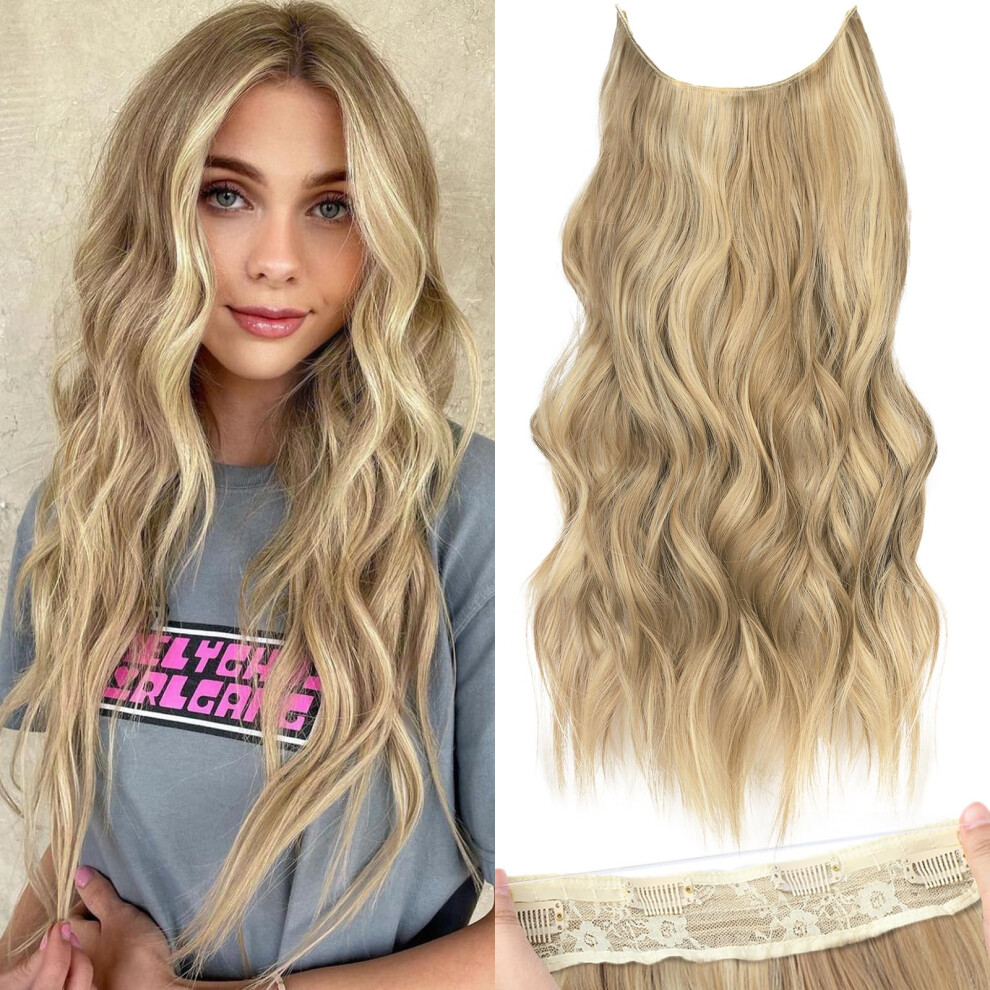 Unisex Brown Invisible Wire Hair Extensions With Adjustable Transparent Headband, 24 Inch Wavy Light Golden Blonde Hairpiece With Secure Clips