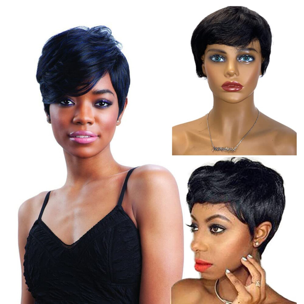 Unisex 1B Short Curly Pixie Cut Human Hair Wig No Lace, Instant Style For Daily Wear