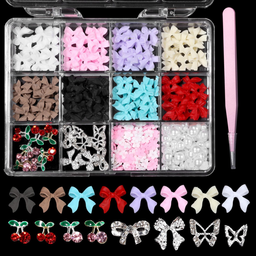 3D Nail Charms Mixed Color Bows Flowers Pearls Butterfly Cherry Rhinestone Nail Art Decorations