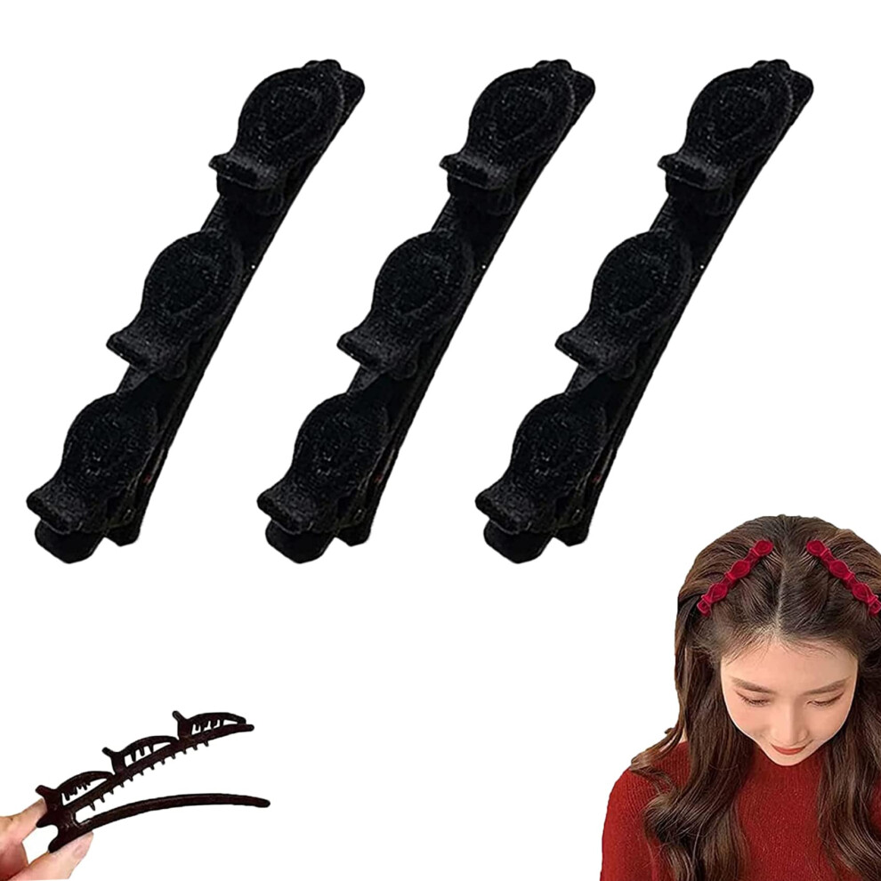 Hair Styling Clips Black 3pcs Extra Hold Double Layer Duck Bill with Soft Flocking Surface