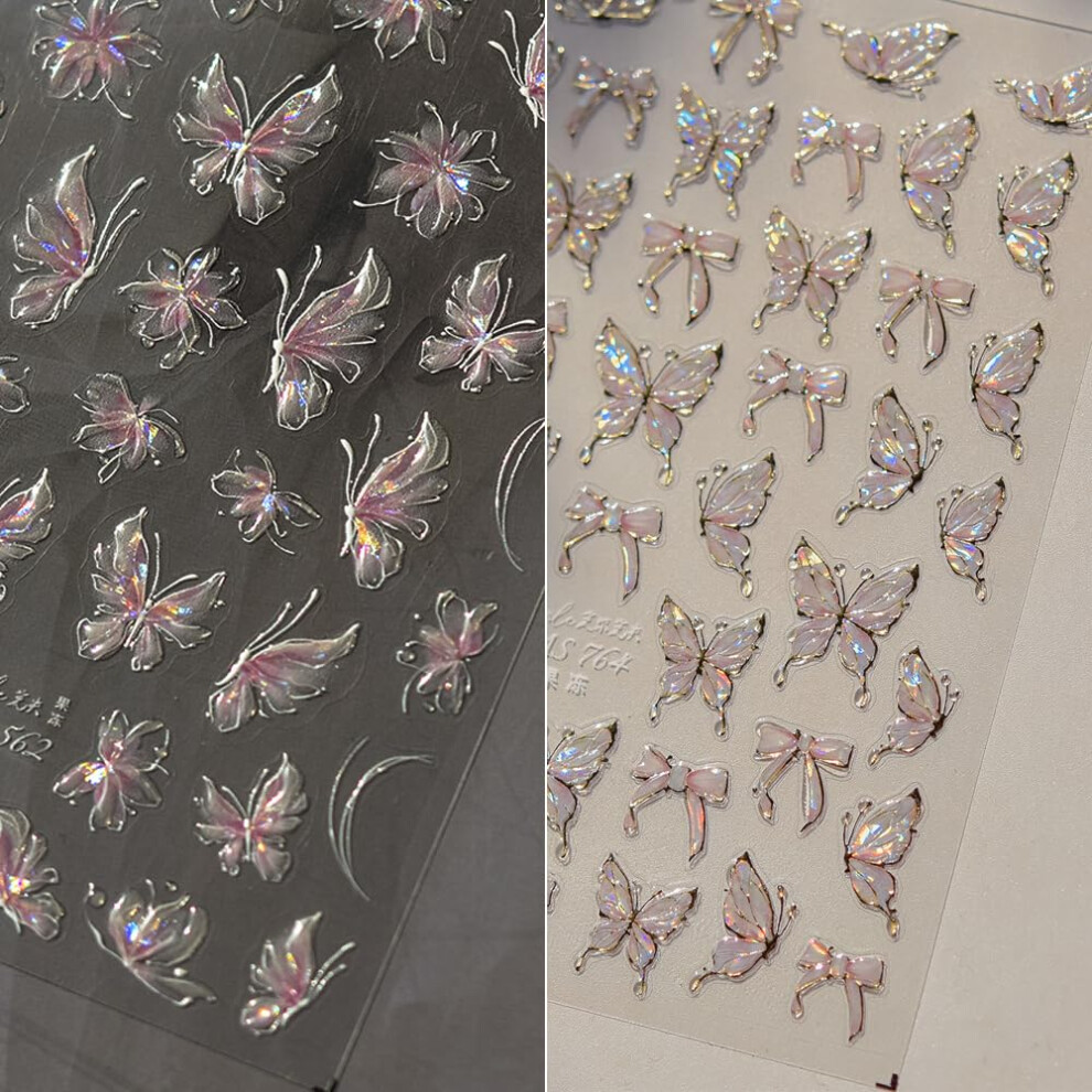 Nail Art Stickers with 3D Holographic Butterfly and Bow Design, Iridescent Safe Nail Decorations