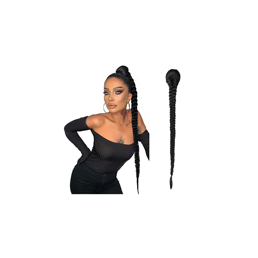 Unisex Black Braided Ponytail Extension 34 Inch Synthetic Long Hairpiece With Natural Yaki Texture For Women