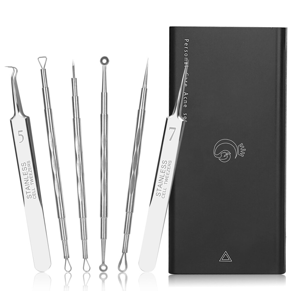 Blackhead Remover Kit, 6Piece Stainless Steel Acne Extractor Tools with Case and Ergonomic Grip