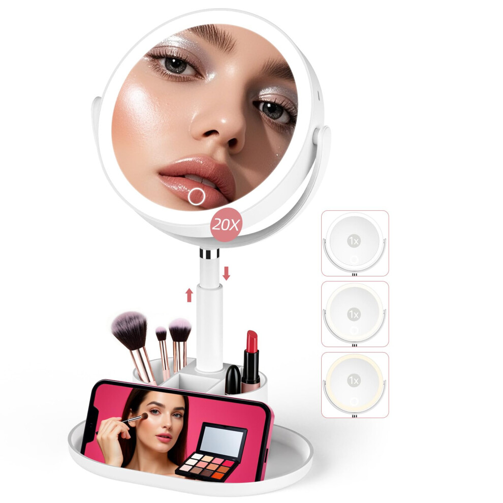Light Ed Makeup Mirror 20X Magnification 2Sided Led Vanity Mirror With Storage 3 Modes