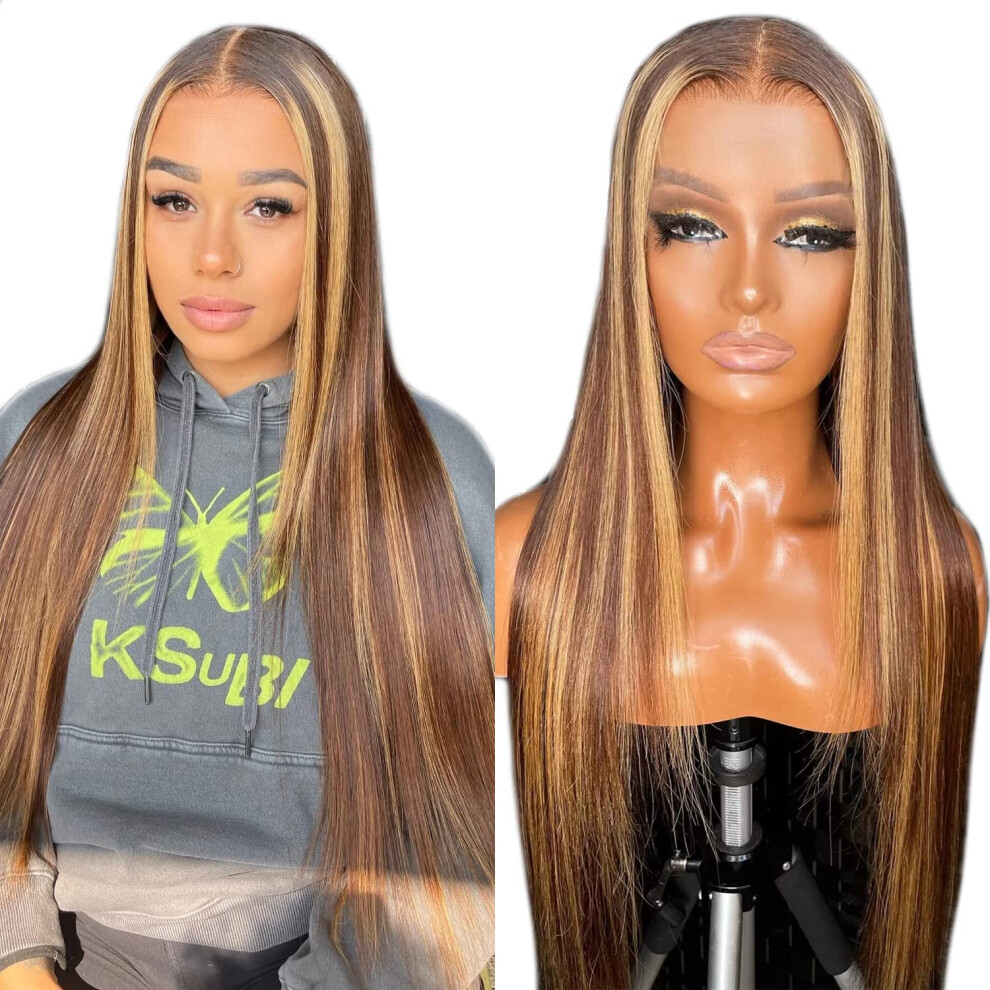 Unisex 22 Inch Honey Blonde Ombre Human Hair Lace Front Wig 4X4 Hd Closure Glueless Preplucked