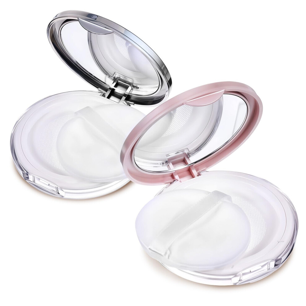 2 Pcs Loose Powder Container with Puff and Mirror, Refillable Compact with Sifter, LeakProof 0.17oz