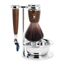 Rytmo Shaving Set Bowl, Black Fibre Shaving Brush, Razor Compatible with Gillette Blades, Stand, Ash Handles Brown 3Piece (1Pack)