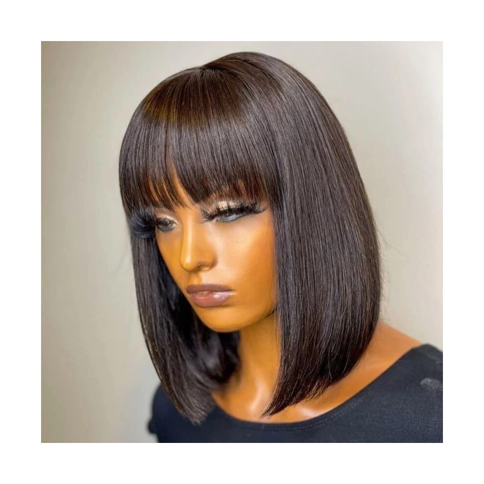 Bob Wig Human Hair 12 Inch Brazilian Virgin Glueless with Bangs 150 Density Natural Texture