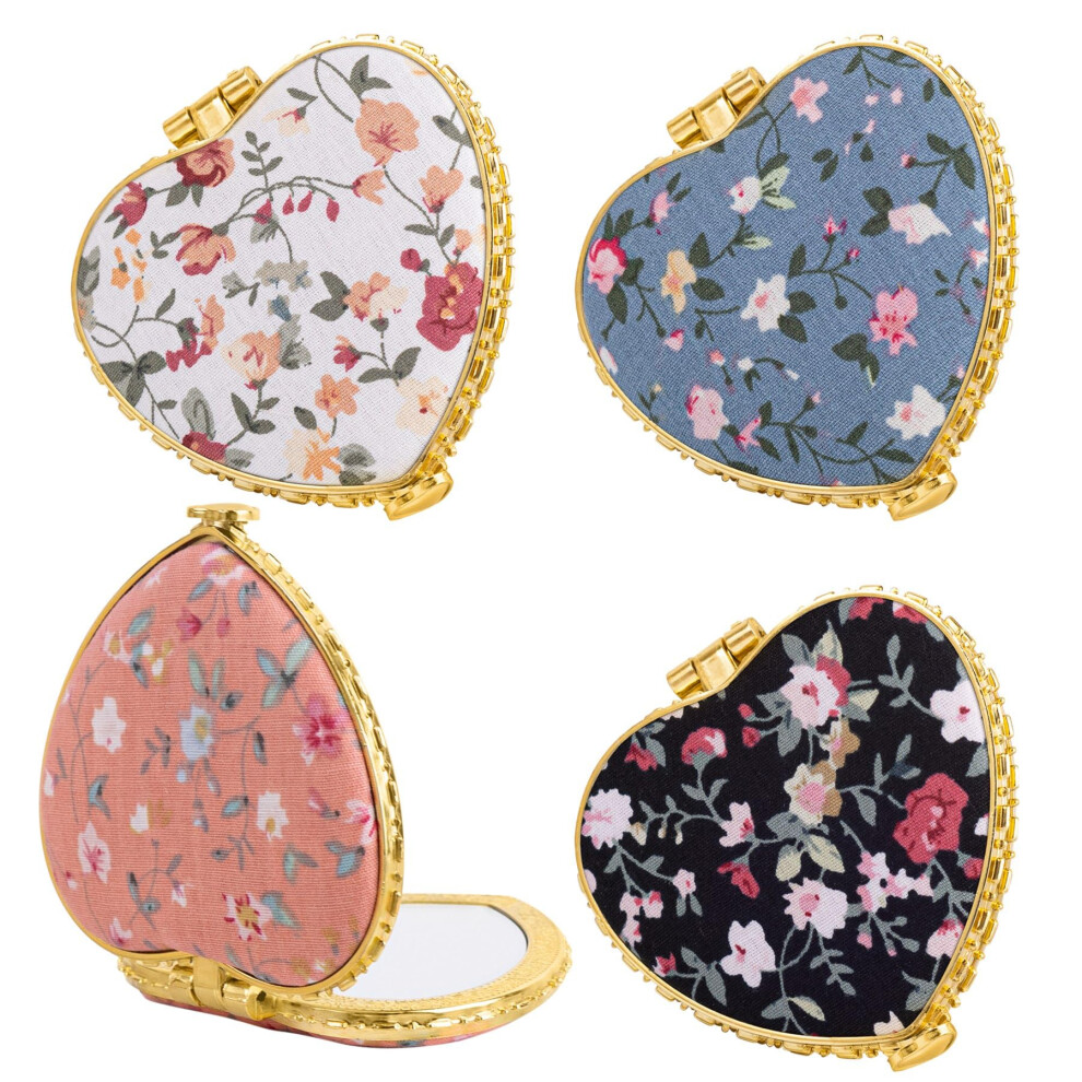 4 Pack Heart Shaped Floral Pocket Mirror Double Sided Compact for Purse Travel Makeup